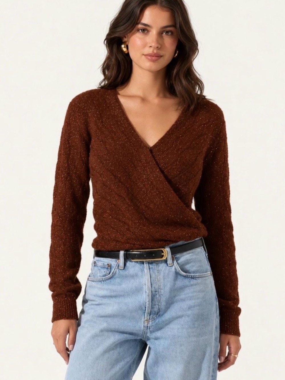 NWT ASTR the Label Metallic Sequin Cable Stitch Sweater Copper Small V-Neck